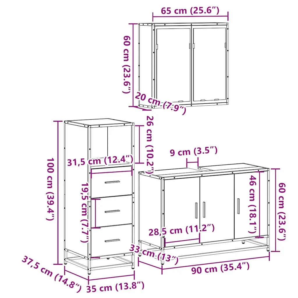 3 Piece Bathroom Furniture Set Vanity Cabinet Mirror Brown Engineered Wood