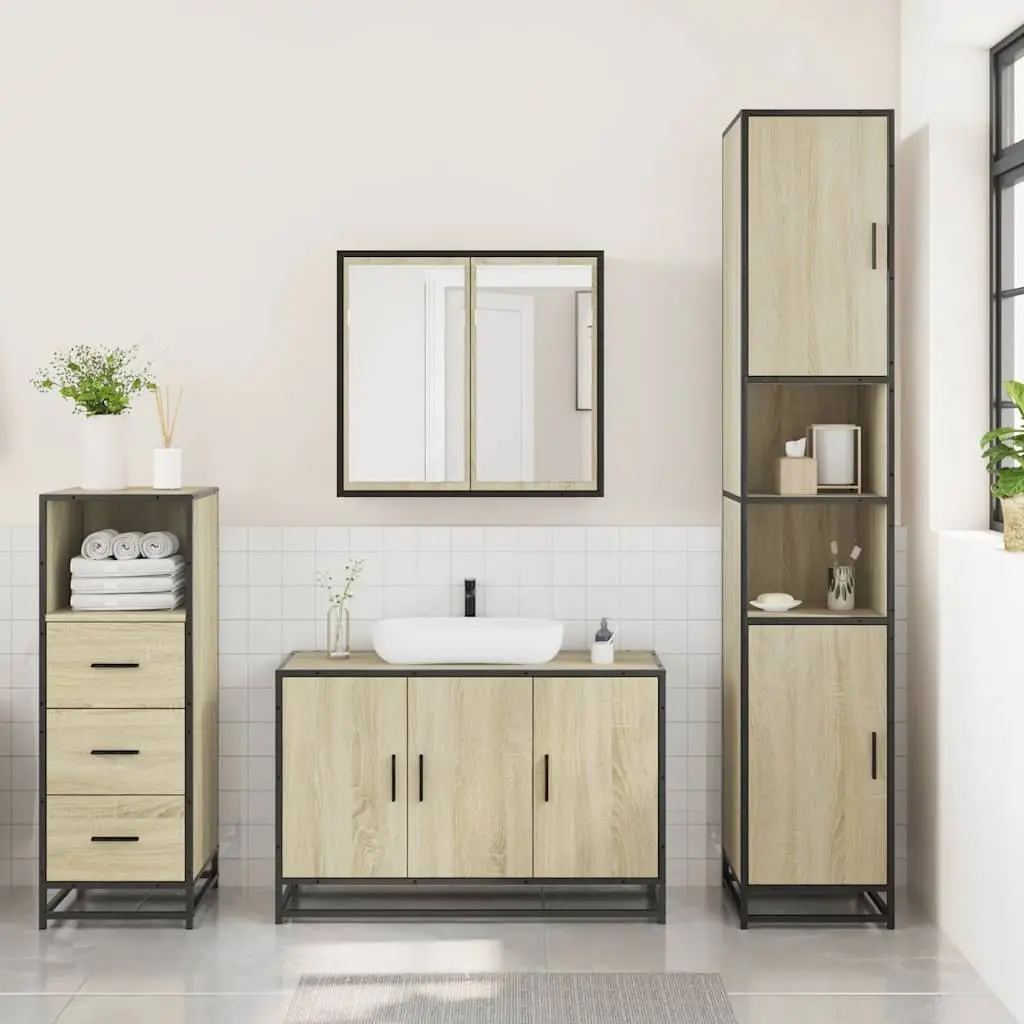 3 Piece Bathroom Furniture Set Vanity Cabinet Mirror Brown Engineered Wood
