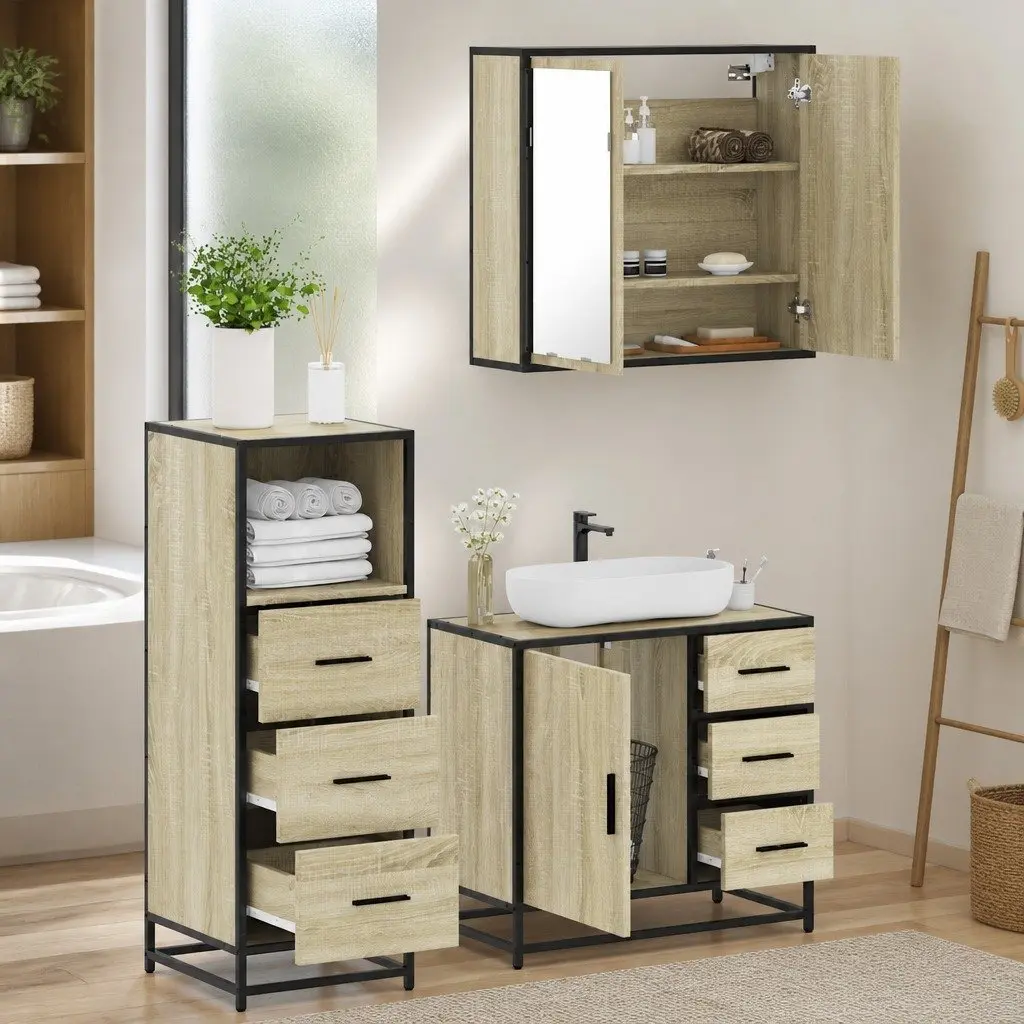 Bathroom Furniture Set 3 Piece Vanity Cabinet Mirror Brown Engineered Wood