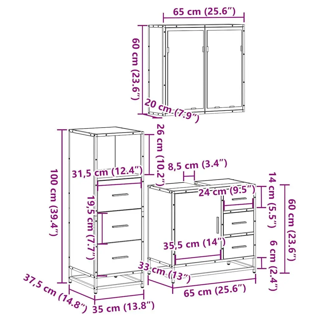 3 Piece Vanity Set Bathroom Cabinet Mirror Brown Engineered Wood