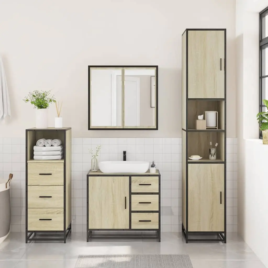 3 Piece Vanity Set Bathroom Cabinet Mirror Brown Engineered Wood