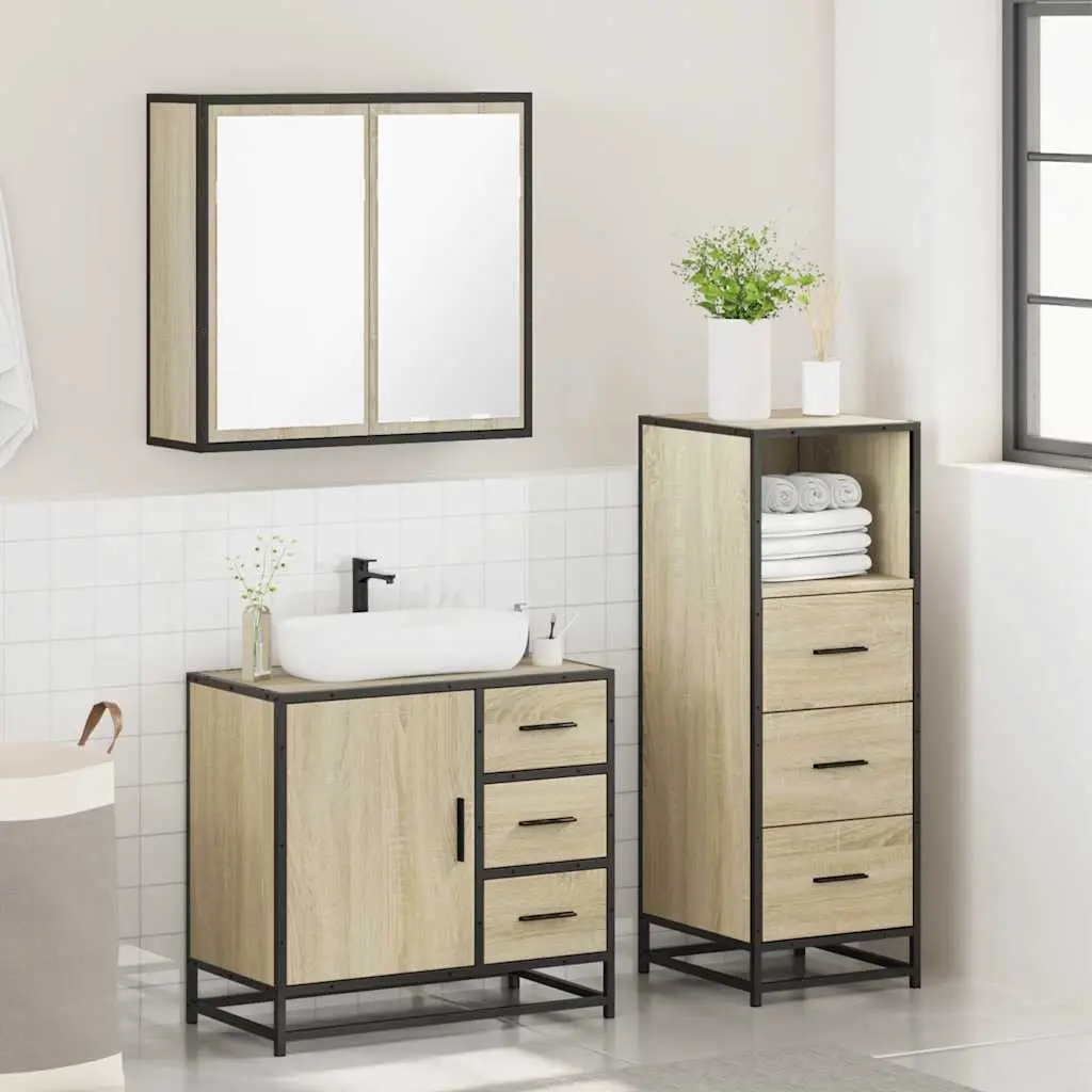 3 Piece Vanity Set Bathroom Cabinet Mirror Brown Engineered Wood