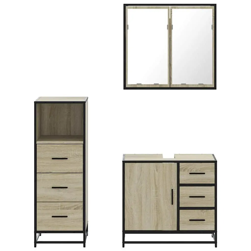 3 Piece Vanity Set Bathroom Cabinet Mirror Brown Engineered Wood
