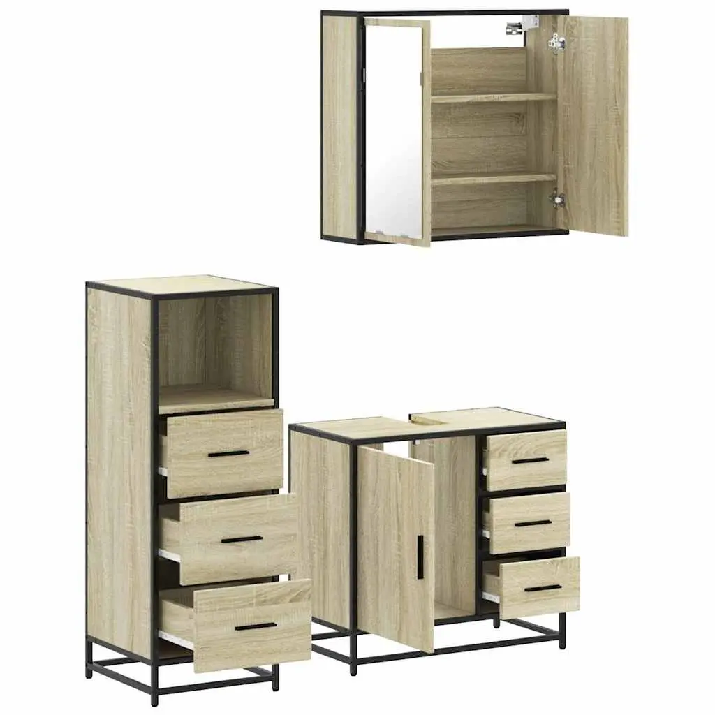 3 Piece Vanity Set Bathroom Cabinet Mirror Brown Engineered Wood