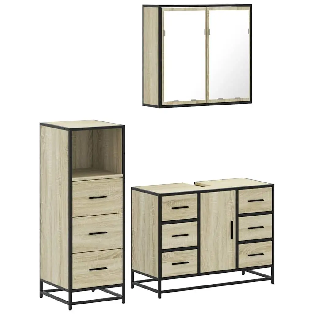 Bathroom Furniture Set 3 Piece Vanity Cabinet Mirror Storage Brown Engineered Wood