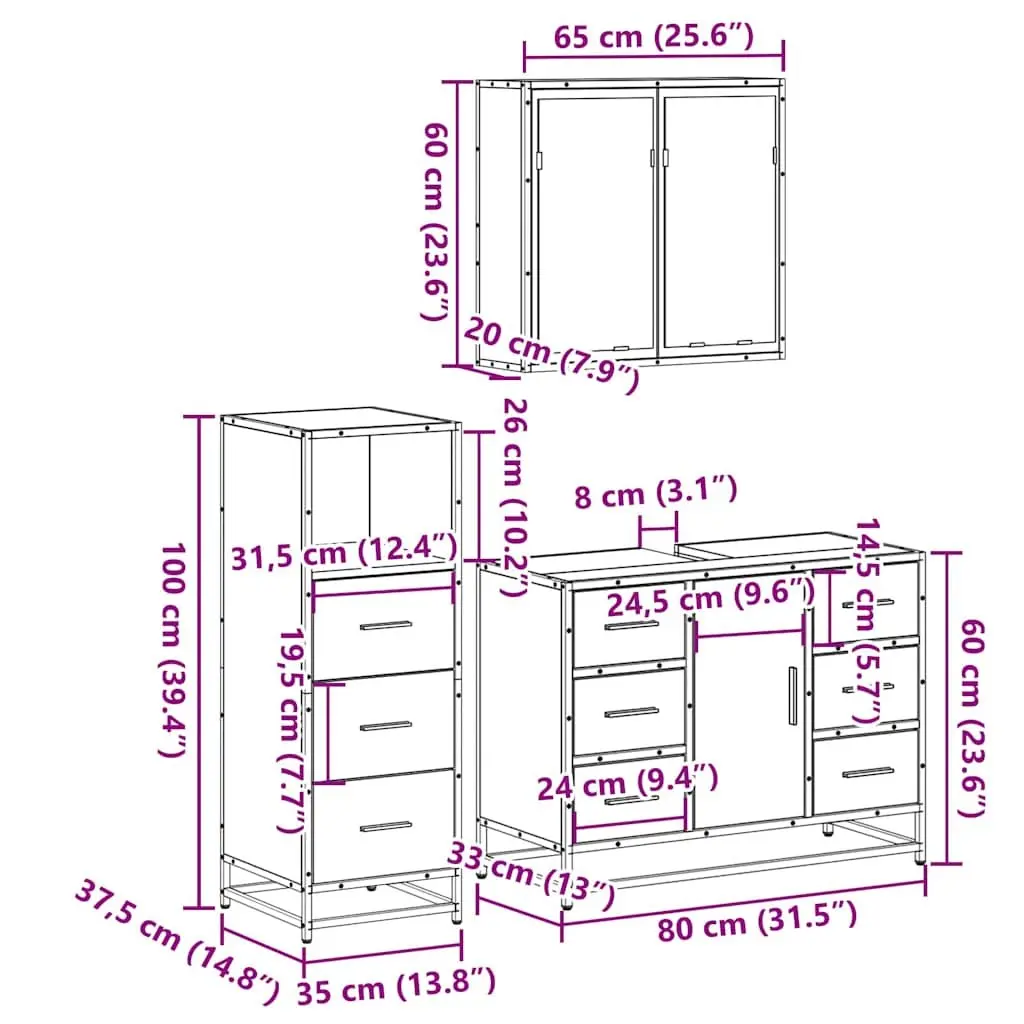Bathroom Furniture Set 3 Piece Vanity Cabinet Mirror Storage Brown Engineered Wood