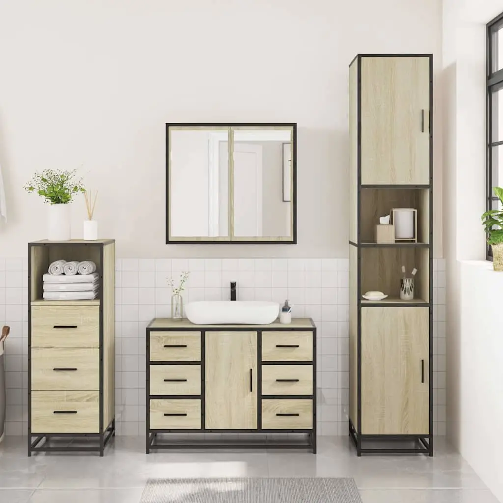 Bathroom Furniture Set 3 Piece Vanity Cabinet Mirror Storage Brown Engineered Wood