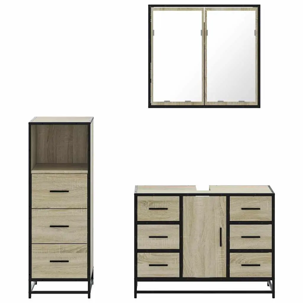 Bathroom Furniture Set 3 Piece Vanity Cabinet Mirror Storage Brown Engineered Wood