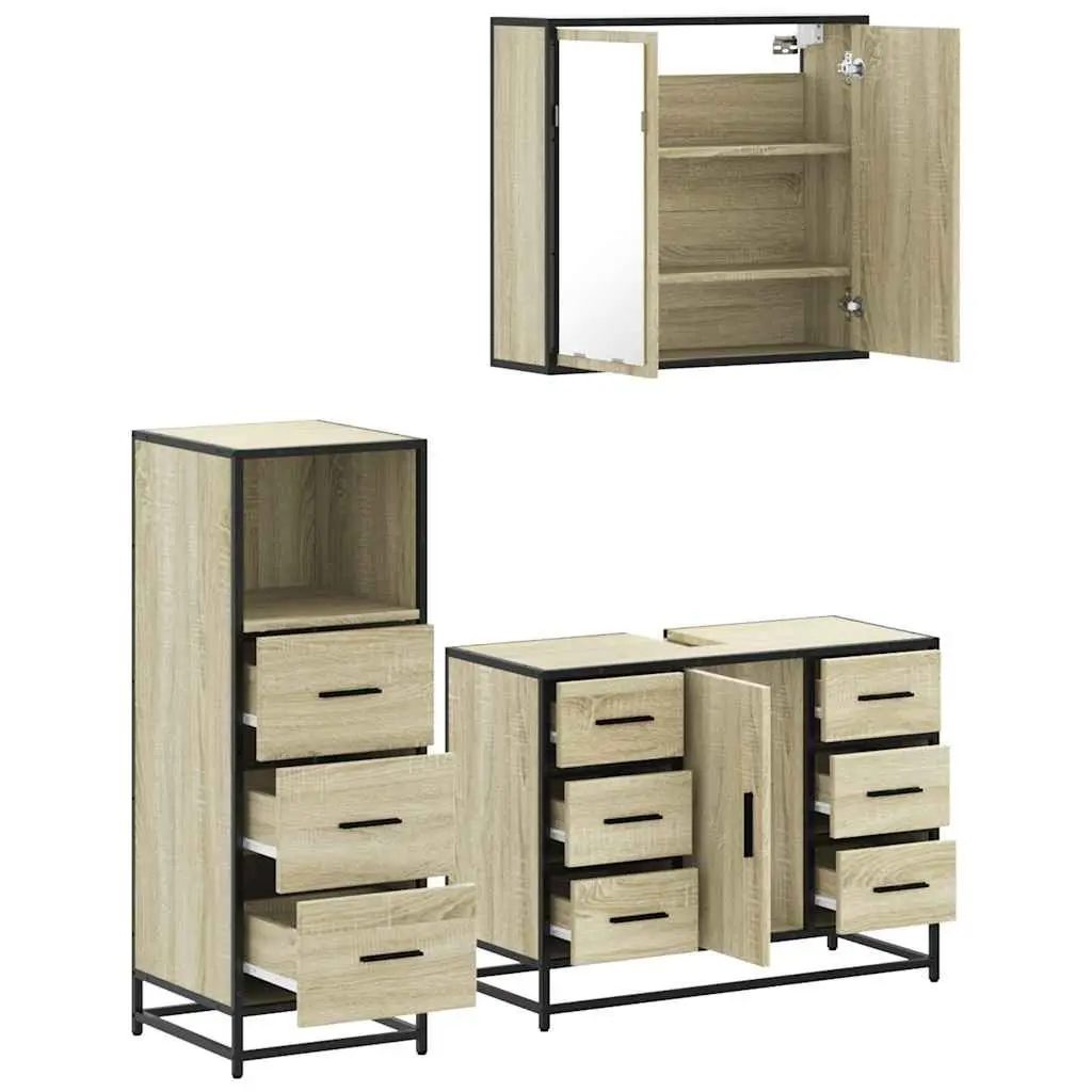 Bathroom Furniture Set 3 Piece Vanity Cabinet Mirror Storage Brown Engineered Wood