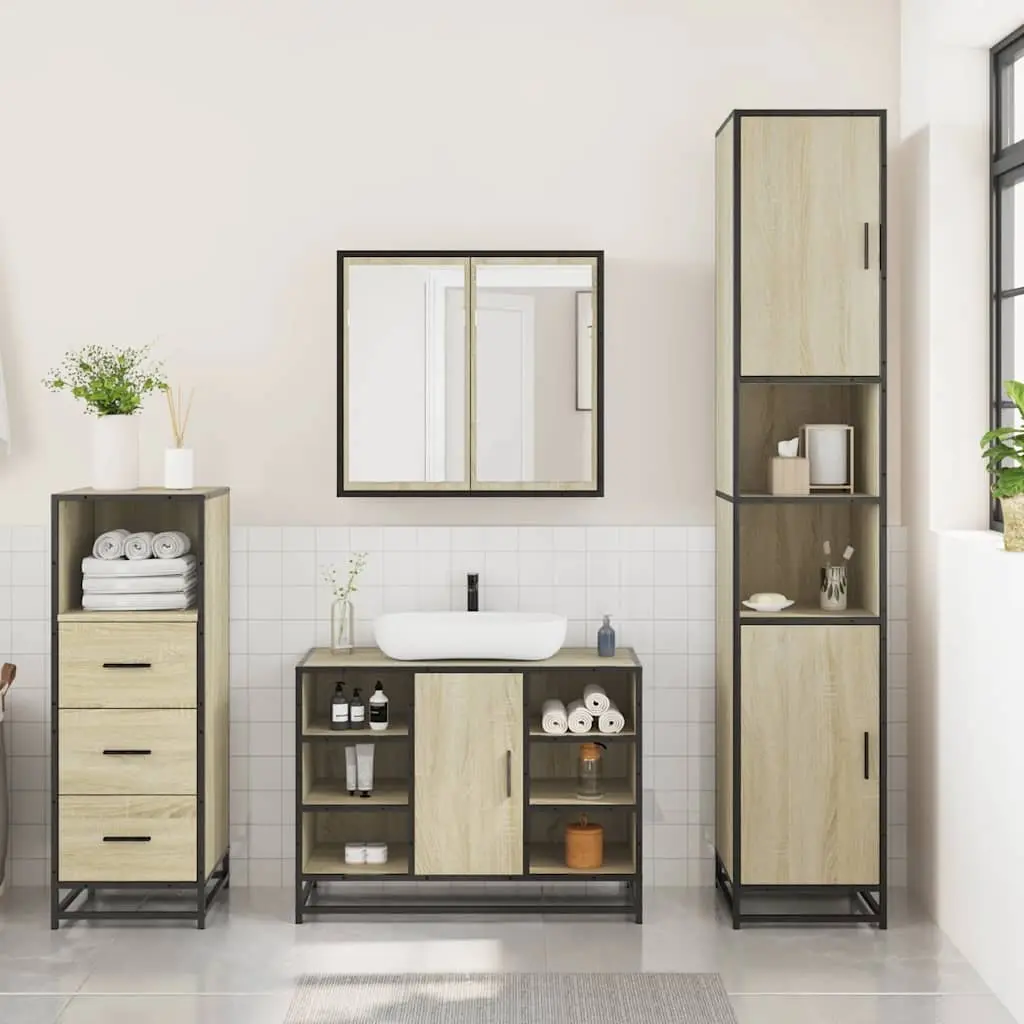 3 Piece Bathroom Furniture Set Storage Vanity Cabinet Mirror Brown Sonoma Oak