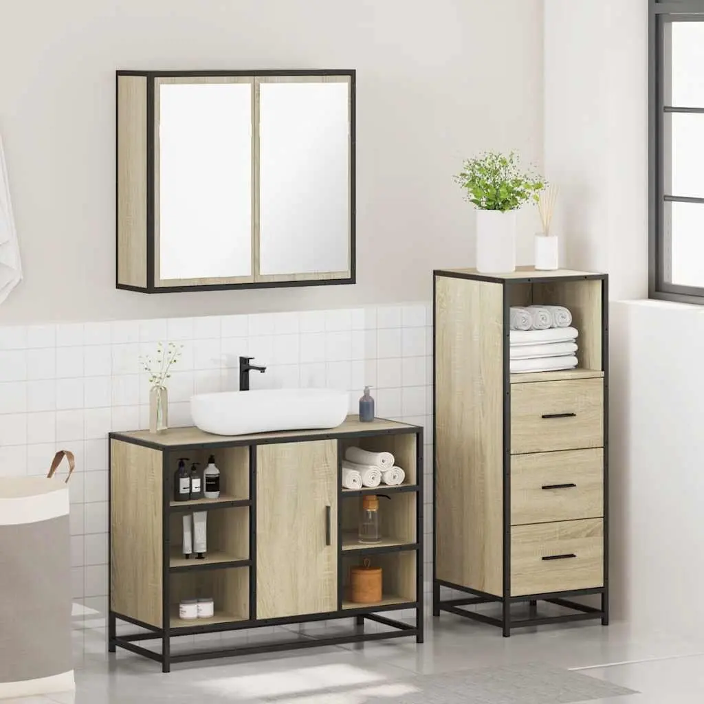 3 Piece Bathroom Furniture Set Storage Vanity Cabinet Mirror Brown Sonoma Oak