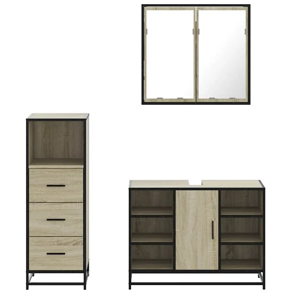 3 Piece Bathroom Furniture Set Storage Vanity Cabinet Mirror Brown Sonoma Oak