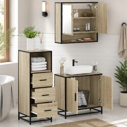 Bathroom Furniture Set 3 Piece Vanity Cabinet Mirror Storage Engineered Wood