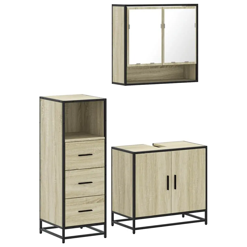 Bathroom Furniture Set 3 Piece Vanity Cabinet Mirror Storage Engineered Wood Brown