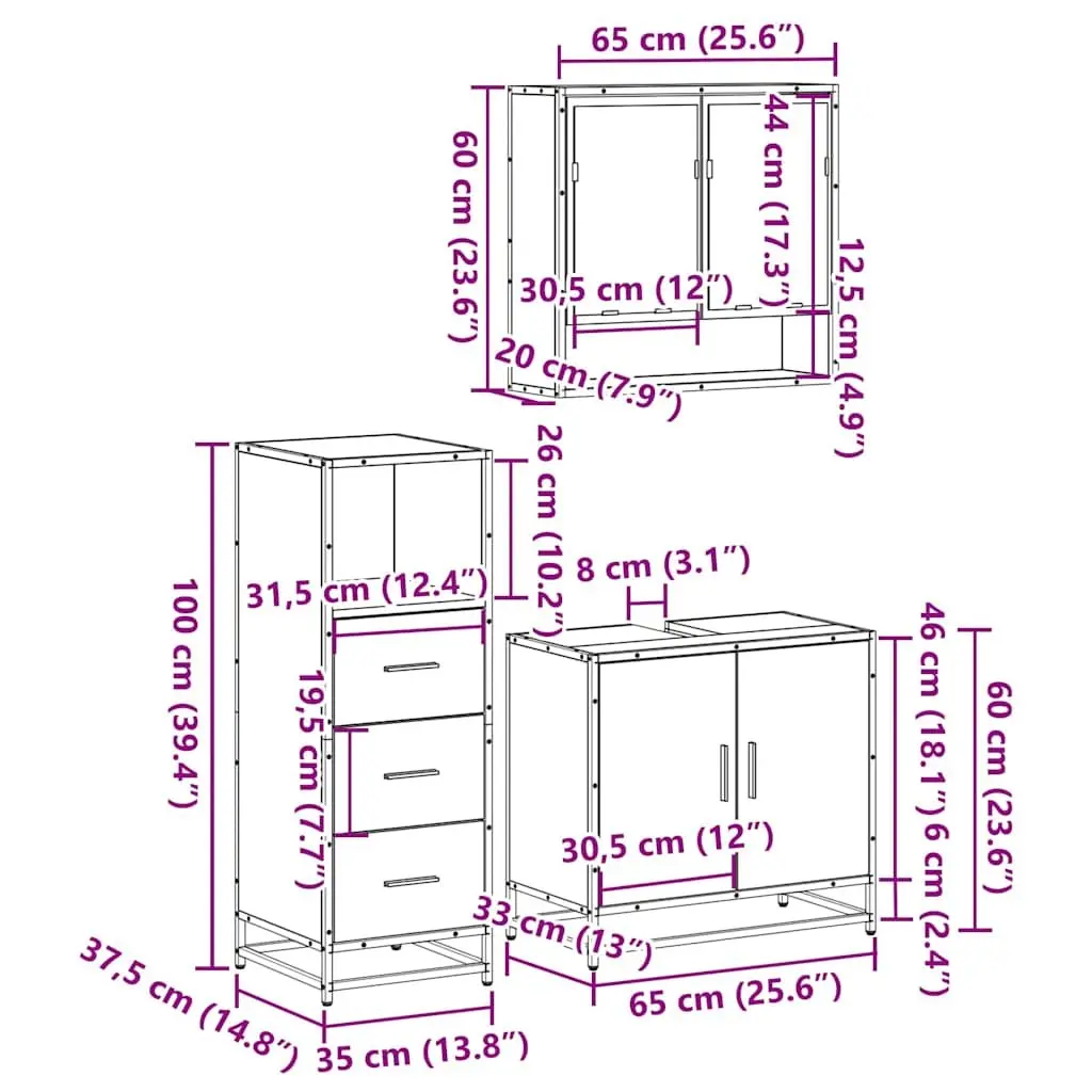 Bathroom Furniture Set 3 Piece Vanity Cabinet Mirror Storage Engineered Wood Brown