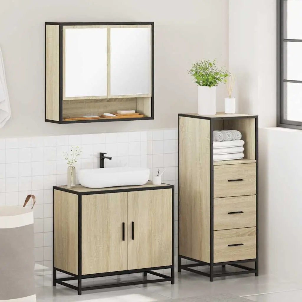 Bathroom Furniture Set 3 Piece Vanity Cabinet Mirror Storage Engineered Wood Brown