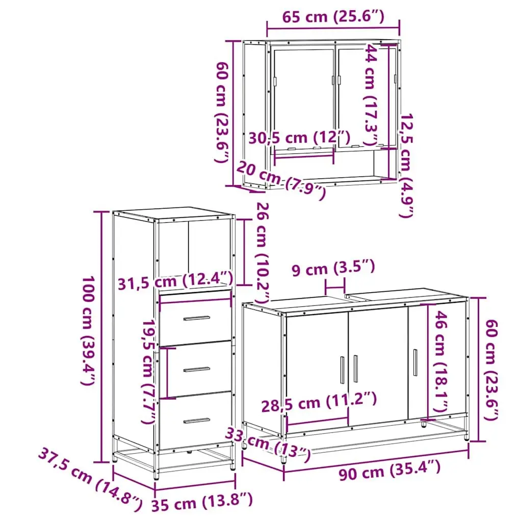 Bathroom Furniture Set 3 Piece Brown Sonoma Oak Engineered Wood Cabinet Vanity