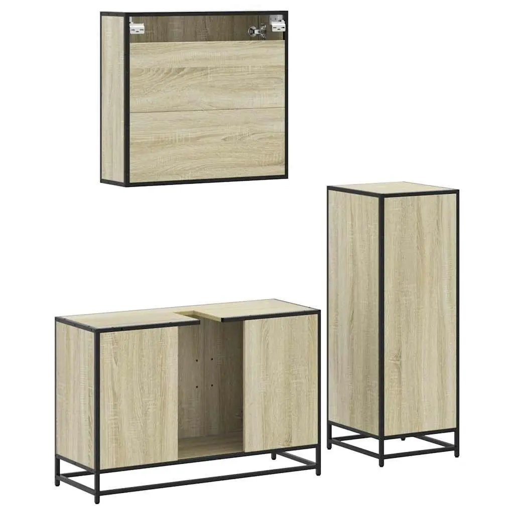 Bathroom Furniture Set 3 Piece Brown Sonoma Oak Engineered Wood Cabinet Vanity
