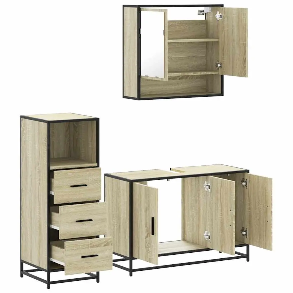 Bathroom Furniture Set 3 Piece Brown Sonoma Oak Engineered Wood Cabinet Vanity