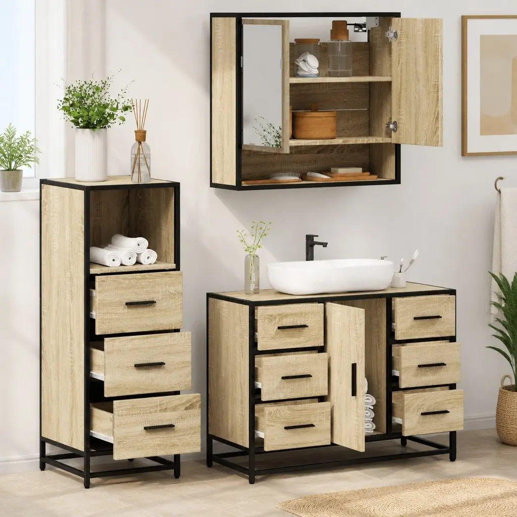 Bathroom Furniture Set 3 Piece Brown Engineered Wood Vanity Cabinet Mirror