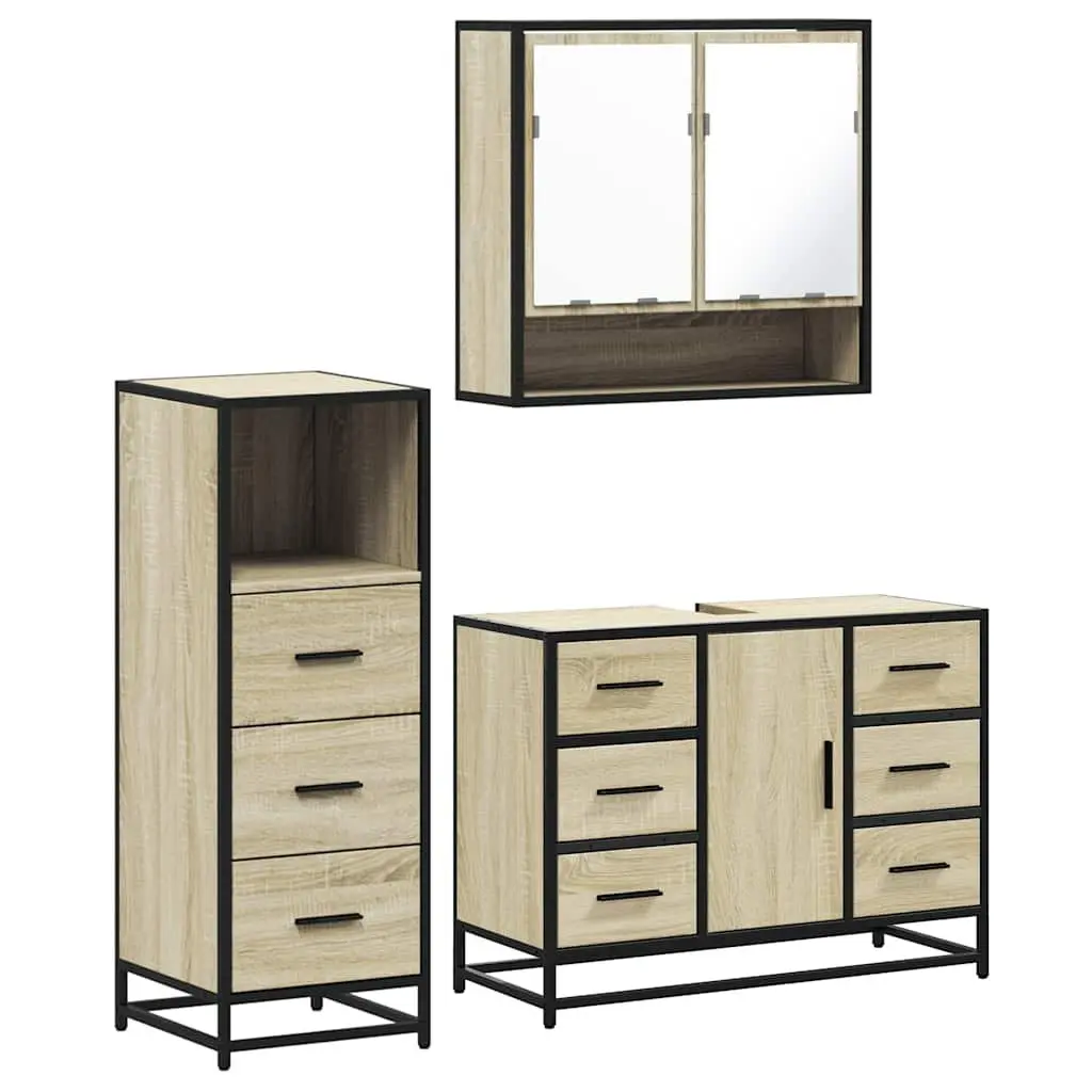Bathroom Furniture Set 3 Piece Brown Engineered Wood Vanity Cabinet Mirror