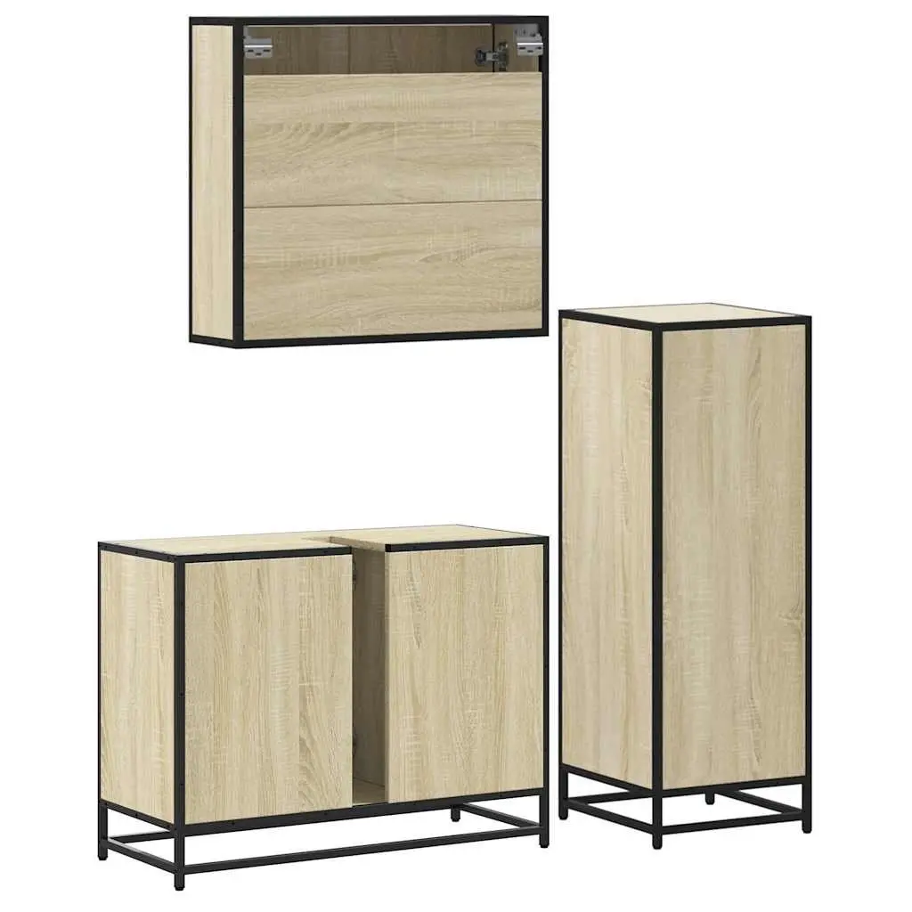 Bathroom Furniture Set 3 Piece Brown Engineered Wood Vanity Cabinet Mirror