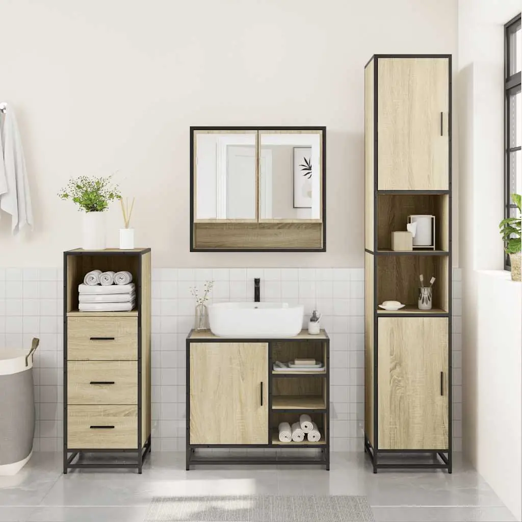 3 Piece Bathroom Furniture Set Vanity Cabinet Mirror Storage Unit Brown Engineered Wood