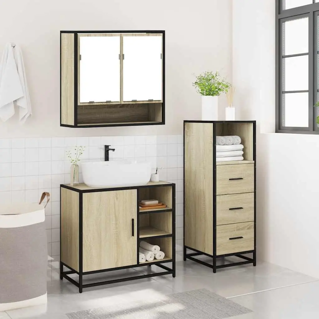 3 Piece Bathroom Furniture Set Vanity Cabinet Mirror Storage Unit Brown Engineered Wood