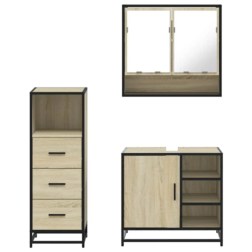 3 Piece Bathroom Furniture Set Vanity Cabinet Mirror Storage Unit Brown Engineered Wood
