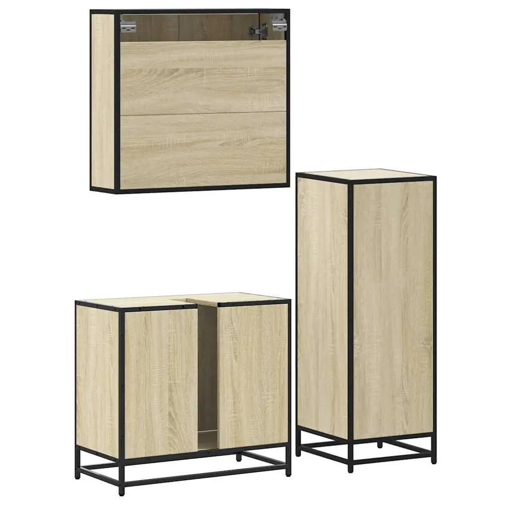 3 Piece Bathroom Furniture Set Vanity Cabinet Mirror Storage Unit Brown Engineered Wood