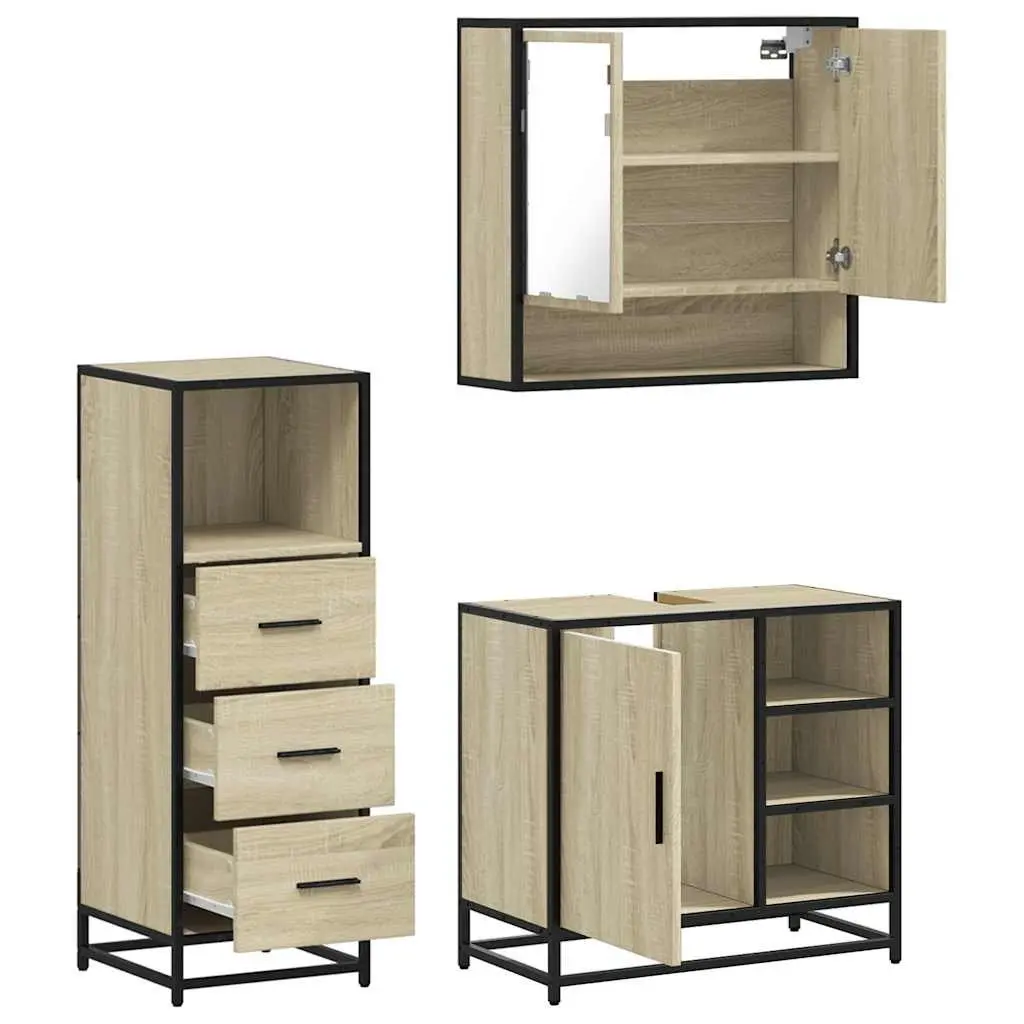 3 Piece Bathroom Furniture Set Vanity Cabinet Mirror Storage Unit Brown Engineered Wood