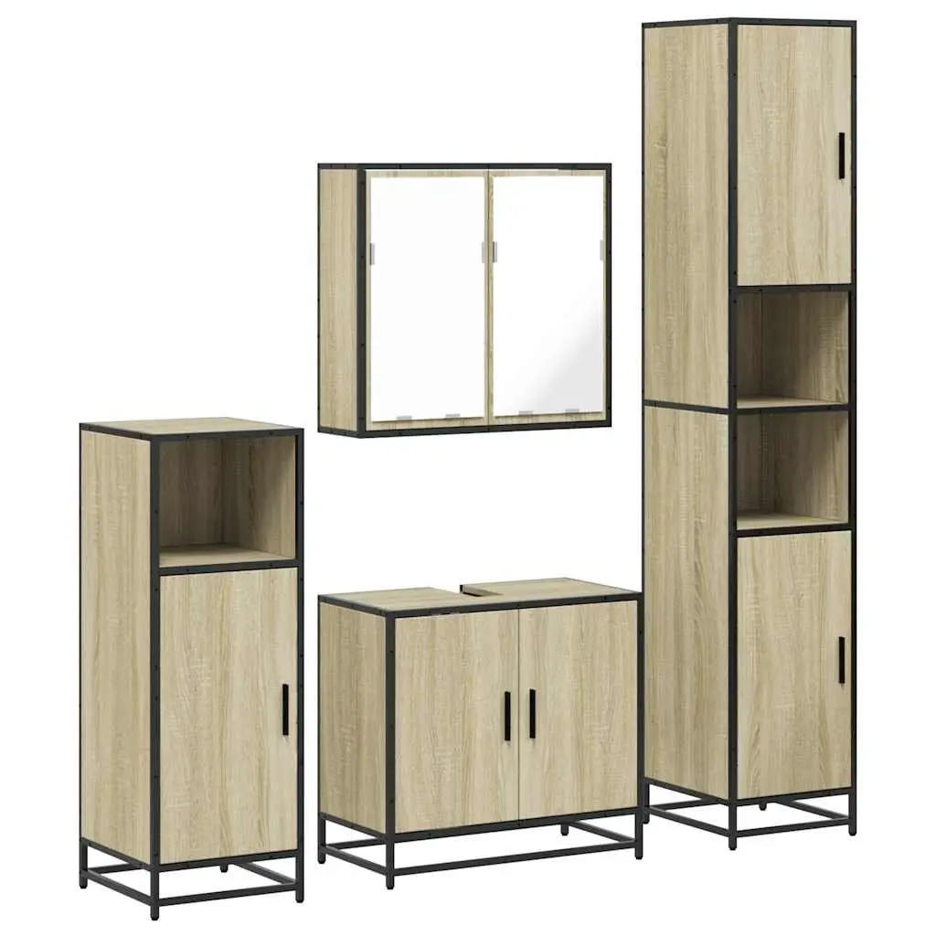 Bathroom Furniture Set 4 Piece Storage Cabinet Mirror Engineered Wood Brown