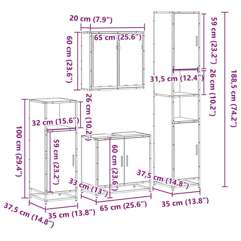 Bathroom Furniture Set 4 Piece Storage Cabinet Mirror Engineered Wood Brown