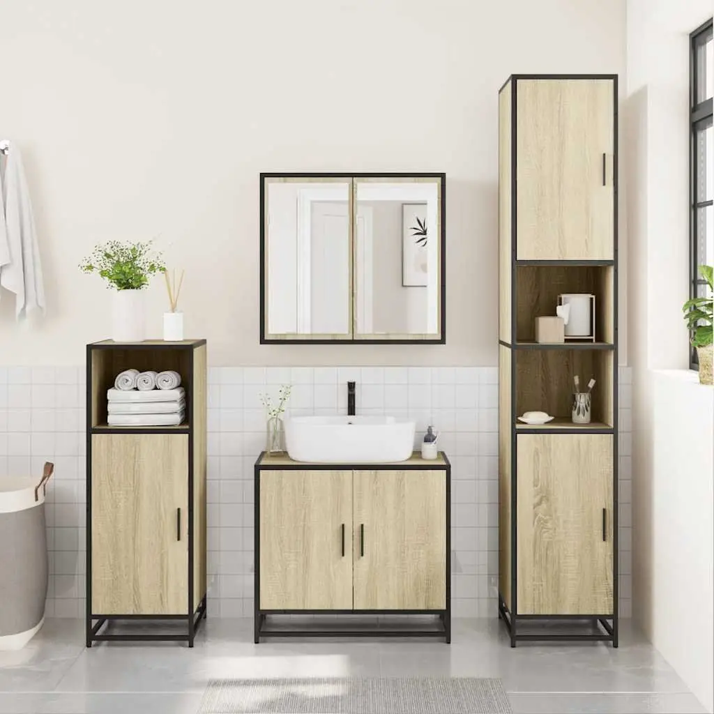 Bathroom Furniture Set 4 Piece Storage Cabinet Mirror Engineered Wood Brown