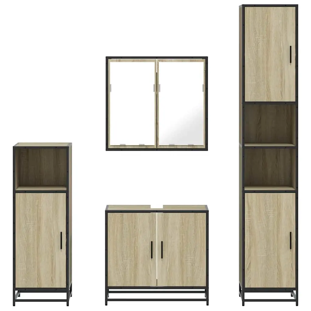 Bathroom Furniture Set 4 Piece Storage Cabinet Mirror Engineered Wood Brown