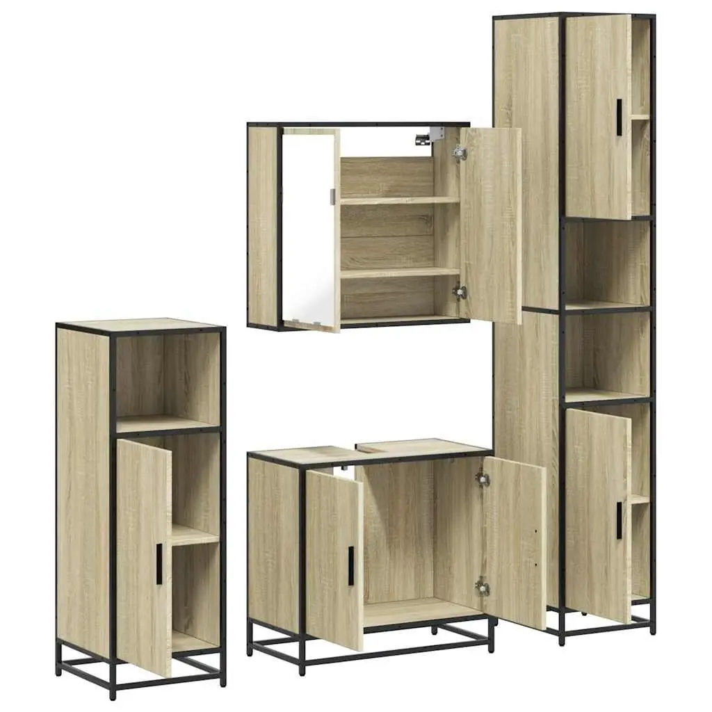 Bathroom Furniture Set 4 Piece Storage Cabinet Mirror Engineered Wood Brown