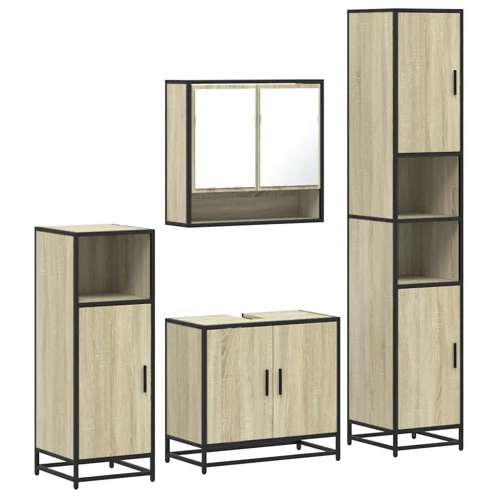 4 Piece Bathroom Set with Storage Cabinet and Mirror in Brown Engineered Wood