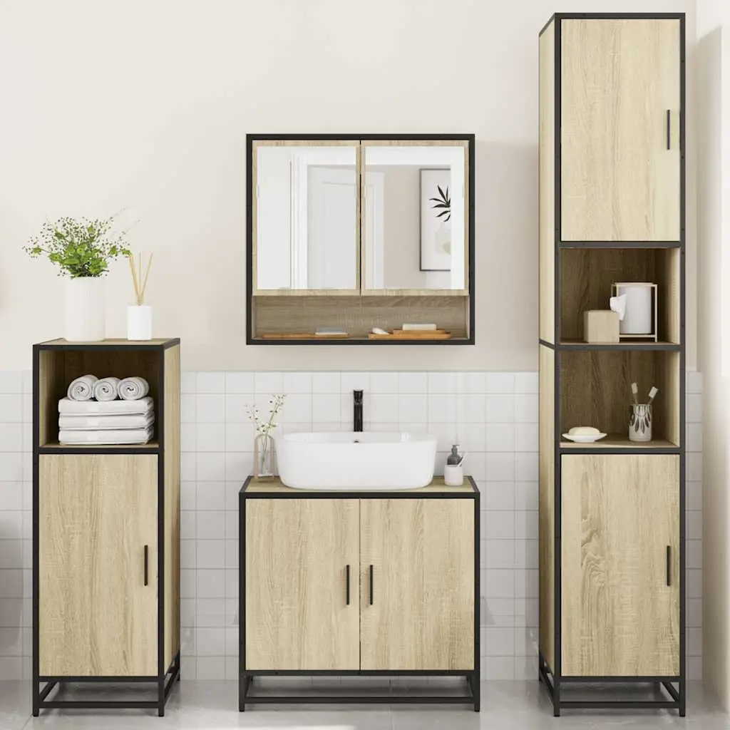 4 Piece Bathroom Set with Storage Cabinet and Mirror in Brown Engineered Wood