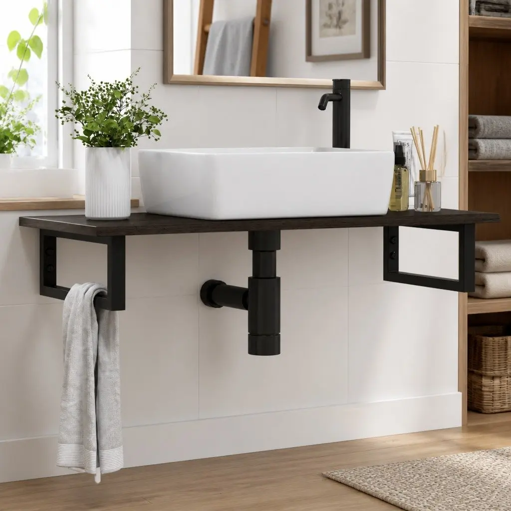Wall Mounted Basin Shelf Bathroom Storage Cabinet Steel Oak Floating Brown