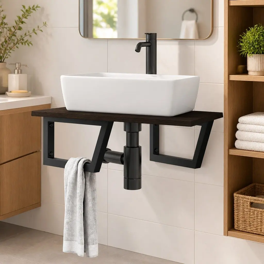 Wall Mounted Basin Shelf Bathroom Storage Steel Oak Wood Brown