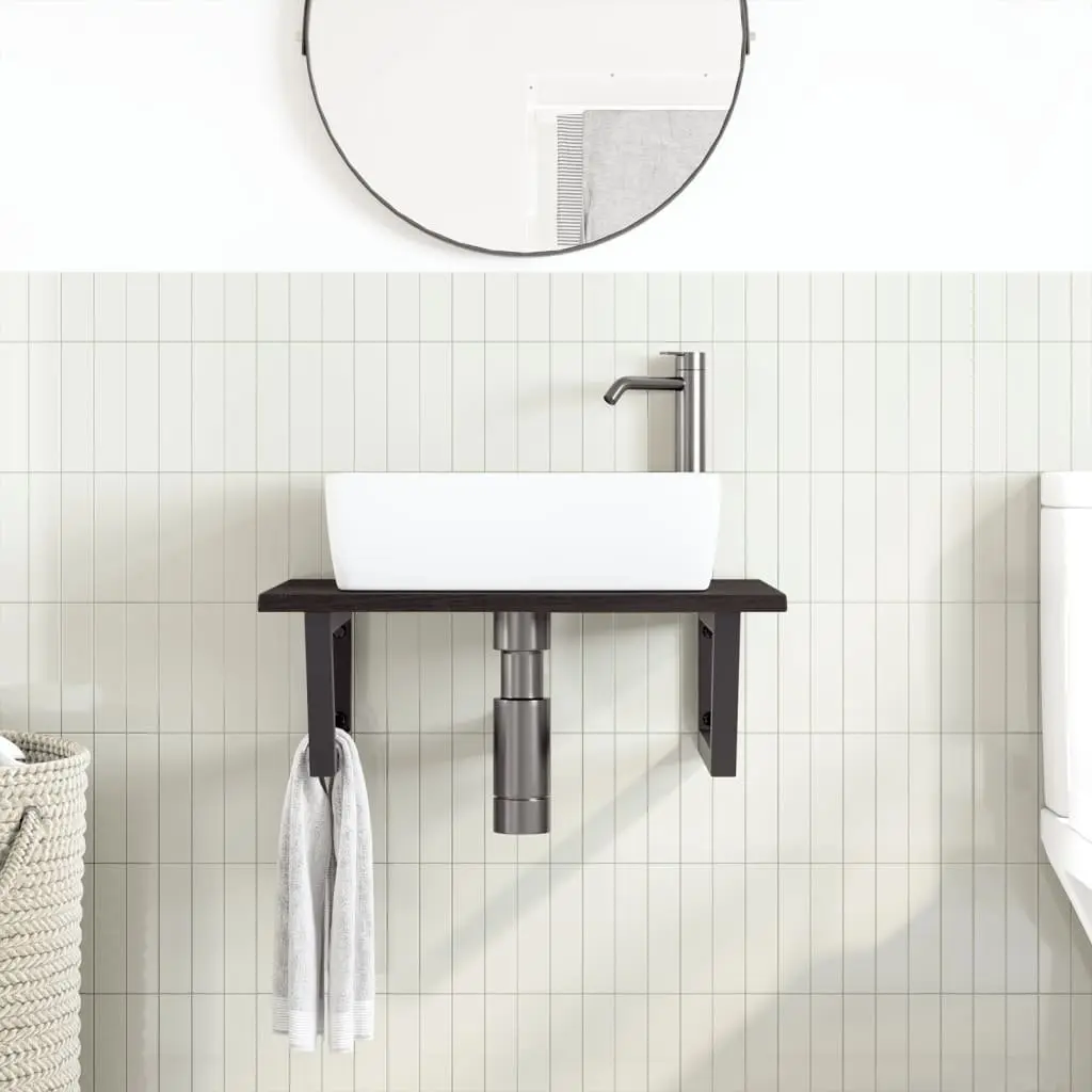 Wall Mounted Basin Shelf Bathroom Storage Steel Oak Wood Brown