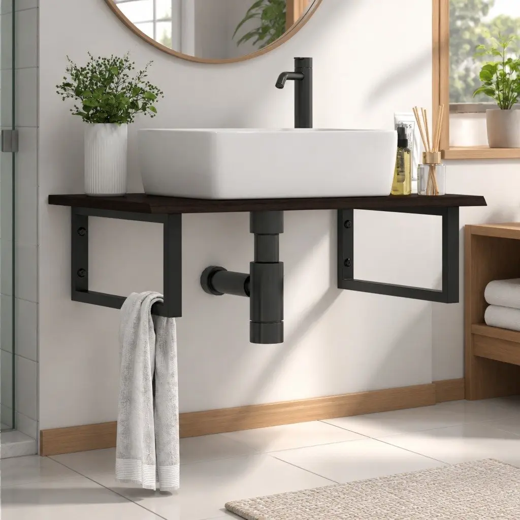 Wall Mounted Basin Shelf Bathroom Storage Steel Oak Wood Floating Cabinet