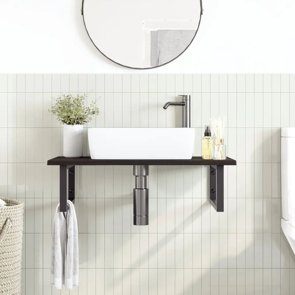 Wall Mounted Basin Shelf Bathroom Storage Steel Oak Wood Floating Cabinet