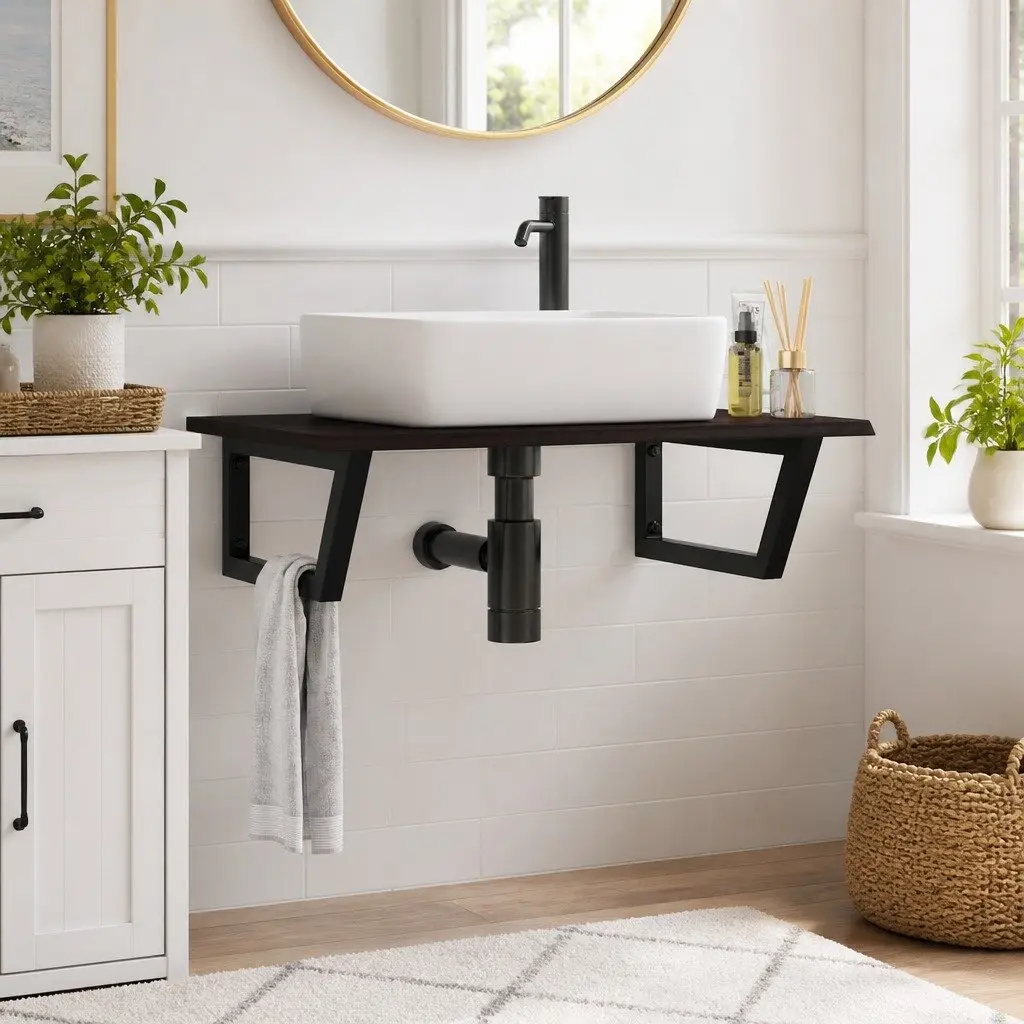 Wall Mounted Basin Shelf Bathroom Storage Steel Oak Wood Brown Floating