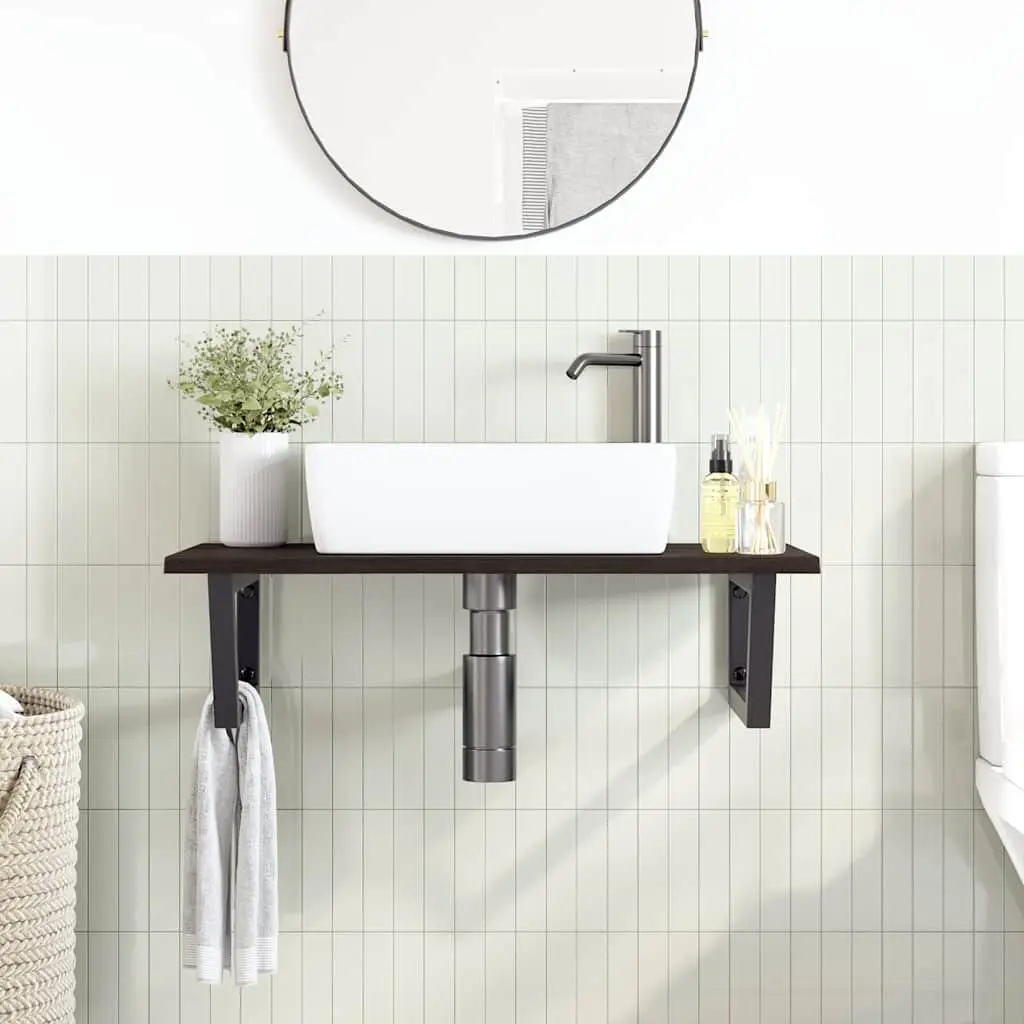 Wall Mounted Basin Shelf Bathroom Storage Steel Oak Wood Brown Floating