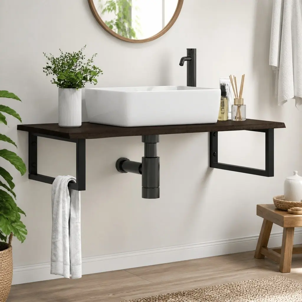 Wall Mounted Basin Shelf Bathroom Storage Steel Oak Wood Floating Brown
