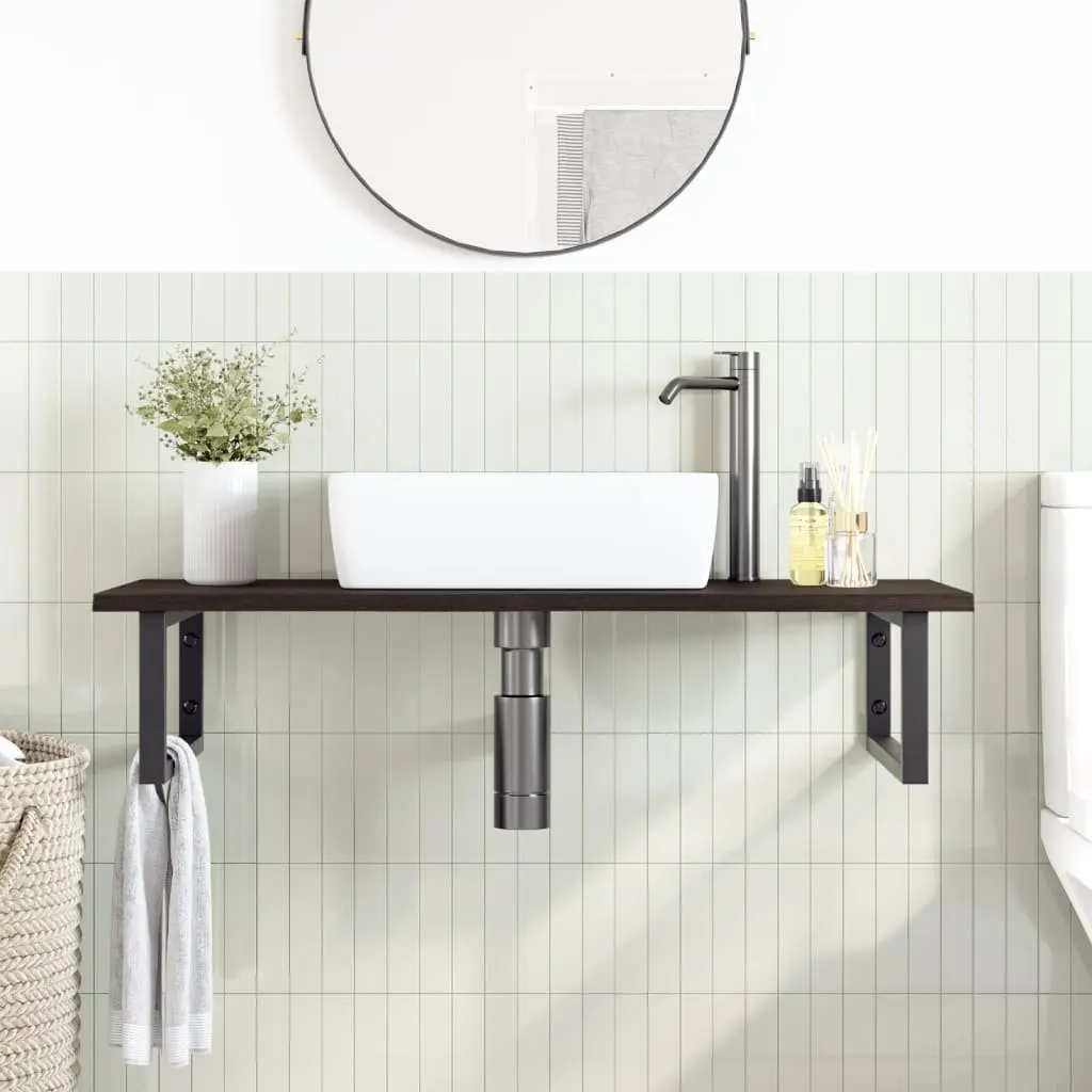 Wall Mounted Basin Shelf Bathroom Storage Steel Oak Wood Floating Brown