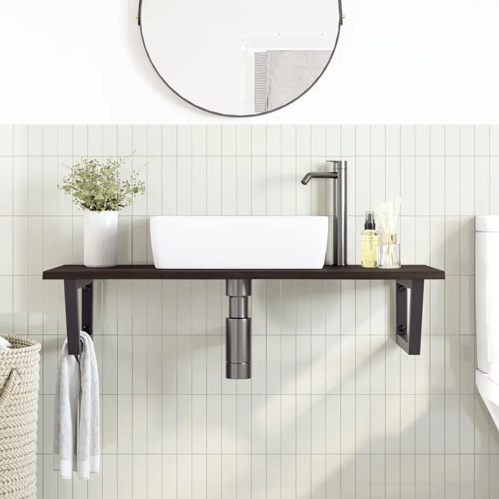 Wall Mounted Basin Shelf Bathroom Storage Steel Oak Wood Brown Floating