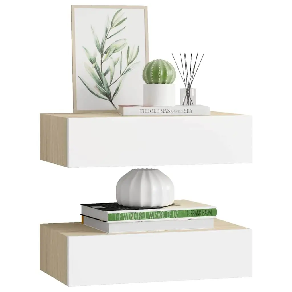 Wall Drawer Shelves Floating Storage Organiser 40 x 23.5 x 10 cm Oak and White 2 Piece