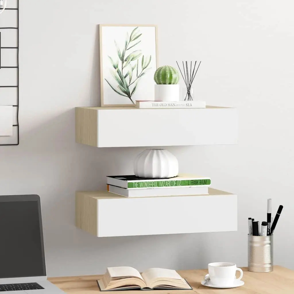 Wall Drawer Shelves Floating Storage Organiser 40 x 23.5 x 10 cm Oak and White 2 Piece